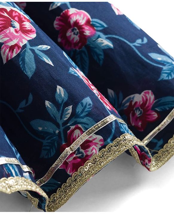 Babyhug Cambric Woven Half Sleeves Ethnic Dress with Floral Print & Embroidery - Navy Blue
