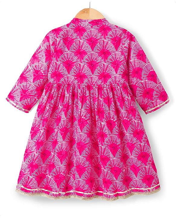 Babyhug Cambric Woven Three Fourth Sleeves Printed Ethnic Dress - Pink