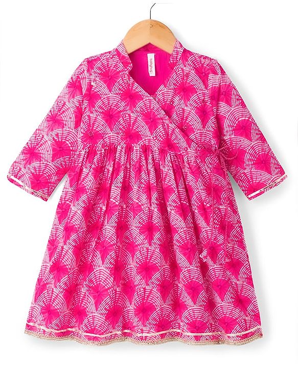 Babyhug Cambric Woven Three Fourth Sleeves Printed Ethnic Dress - Pink