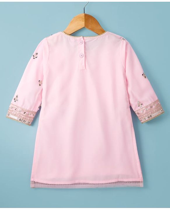 Babyhug Net Woven Three Fourth Sleeves Kurti Palazo Set With Sequin Detailing - Pink