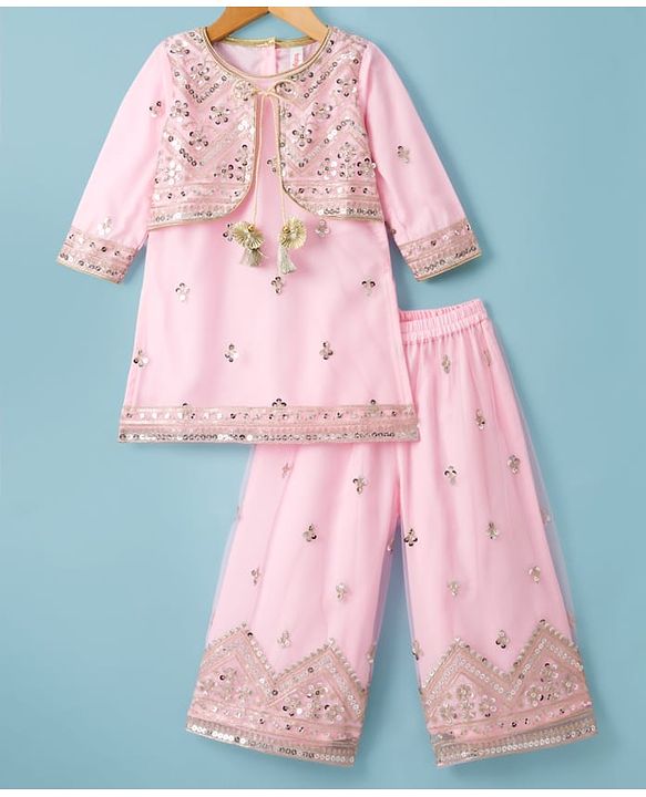 Babyhug Net Woven Three Fourth Sleeves Kurti Palazo Set With Sequin Detailing - Pink