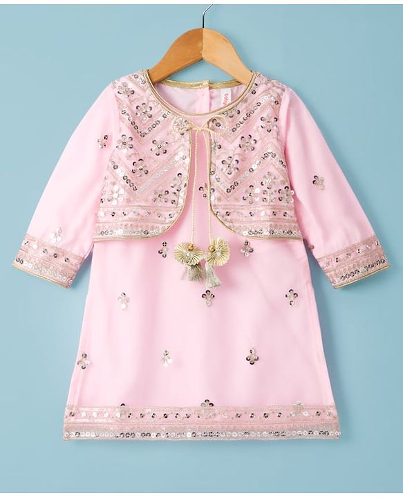 Babyhug Net Woven Three Fourth Sleeves Kurti Palazo Set With Sequin Detailing - Pink