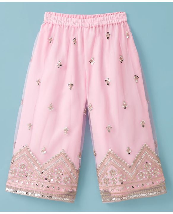 Babyhug Net Woven Three Fourth Sleeves Kurti Palazo Set With Sequin Detailing - Pink
