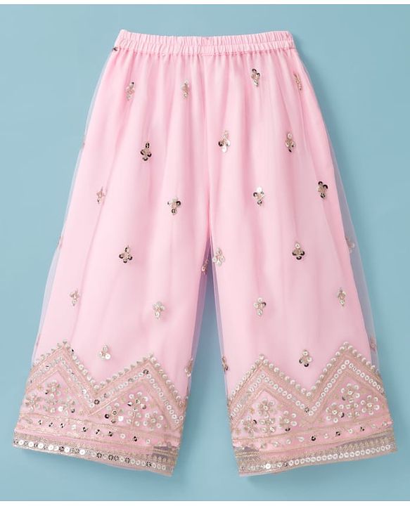 Babyhug Net Woven Three Fourth Sleeves Kurti Palazo Set With Sequin Detailing - Pink
