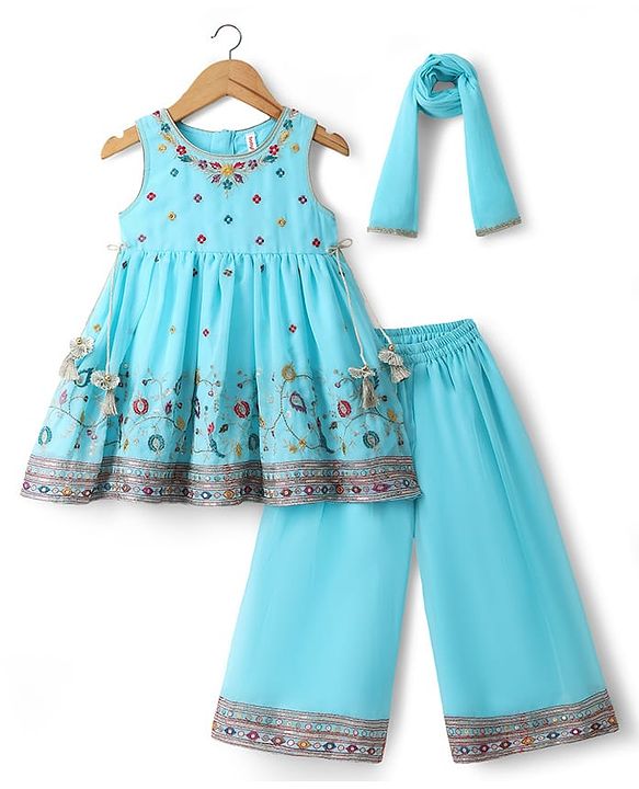 Babyhug Georgette Woven Sleeveless Kurti Palazzo Set with Floral Embroidery & Dupatta - Aqua Blue