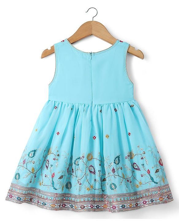 Babyhug Georgette Woven Sleeveless Kurti Palazzo Set with Floral Embroidery & Dupatta - Aqua Blue