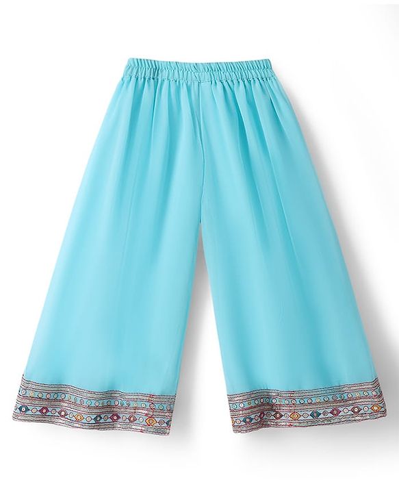 Babyhug Georgette Woven Sleeveless Kurti Palazzo Set with Floral Embroidery & Dupatta - Aqua Blue