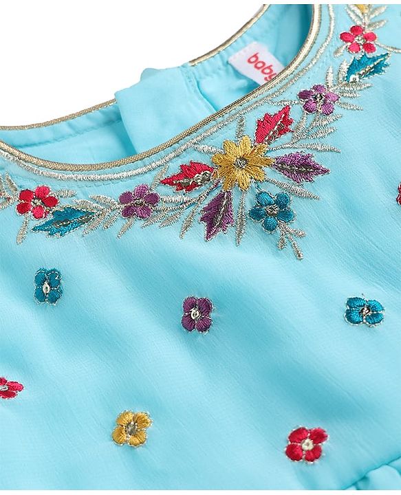 Babyhug Georgette Woven Sleeveless Kurti Palazzo Set with Floral Embroidery & Dupatta - Aqua Blue