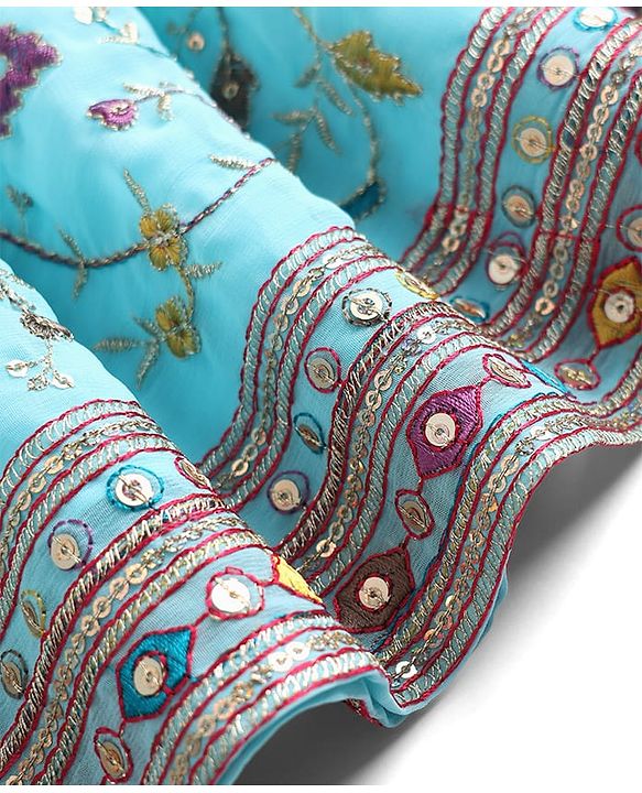 Babyhug Georgette Woven Sleeveless Kurti Palazzo Set with Floral Embroidery & Dupatta - Aqua Blue