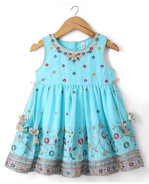 Babyhug Georgette Woven Sleeveless Kurti Palazzo Set with Floral Embroidery & Dupatta - Aqua Blue