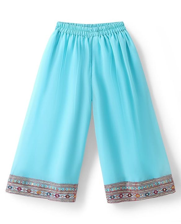Babyhug Georgette Woven Sleeveless Kurti Palazzo Set with Floral Embroidery & Dupatta - Aqua Blue