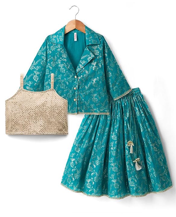 Babyhug Cotton Blend Woven Three Fourth Sleeves Jacket & Lehenga Choli Set with Foil Floral Print - Teal Blue