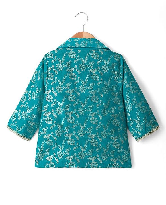 Babyhug Cotton Blend Woven Three Fourth Sleeves Jacket & Lehenga Choli Set with Foil Floral Print - Teal Blue