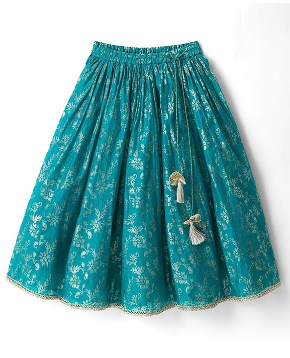 Babyhug Cotton Blend Woven Three Fourth Sleeves Jacket & Lehenga Choli Set with Foil Floral Print - Teal Blue