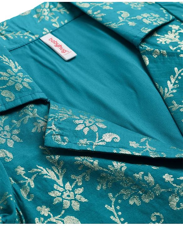 Babyhug Cotton Blend Woven Three Fourth Sleeves Jacket & Lehenga Choli Set with Foil Floral Print - Teal Blue