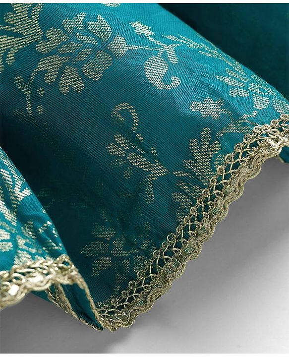 Babyhug Cotton Blend Woven Three Fourth Sleeves Jacket & Lehenga Choli Set with Foil Floral Print - Teal Blue