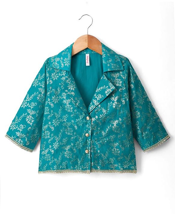 Babyhug Cotton Blend Woven Three Fourth Sleeves Jacket & Lehenga Choli Set with Foil Floral Print - Teal Blue