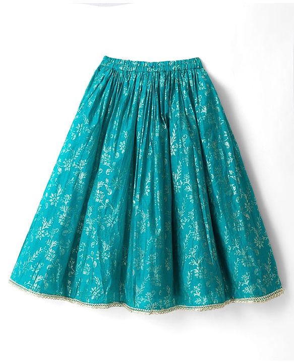Babyhug Cotton Blend Woven Three Fourth Sleeves Jacket & Lehenga Choli Set with Foil Floral Print - Teal Blue