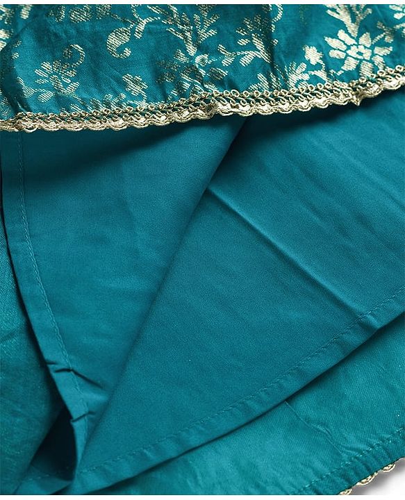 Babyhug Cotton Blend Woven Three Fourth Sleeves Jacket & Lehenga Choli Set with Foil Floral Print - Teal Blue