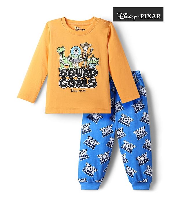 Babyhug Disney Single Jersey Knit Full Sleeves T-Shirt & Pyjama Night Suit with Toy Story Graphics - Mustard