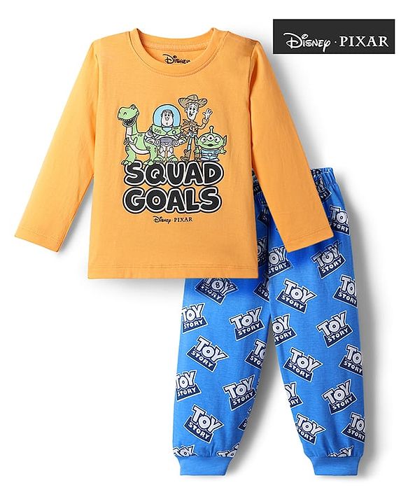 Babyhug Disney Single Jersey Knit Full Sleeves T-Shirt & Pyjama Night Suit with Toy Story Graphics - Mustard