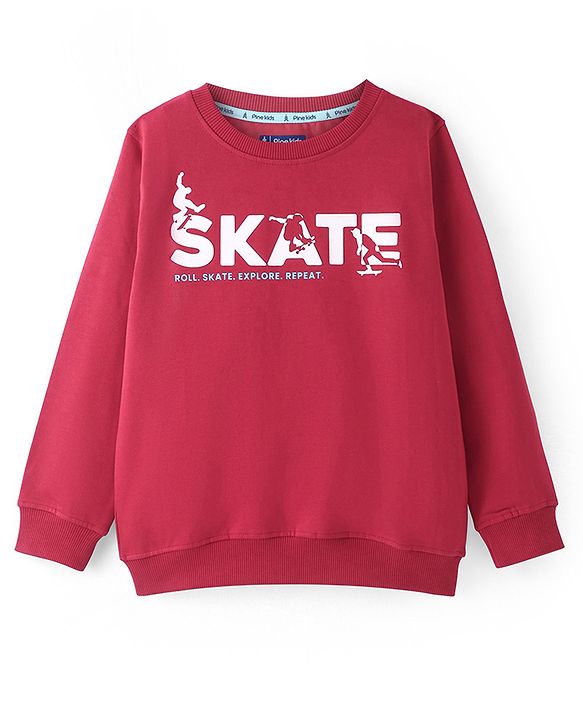 Pine Kids Knit Full Sleeves Sweatshirt with Text Print - Red