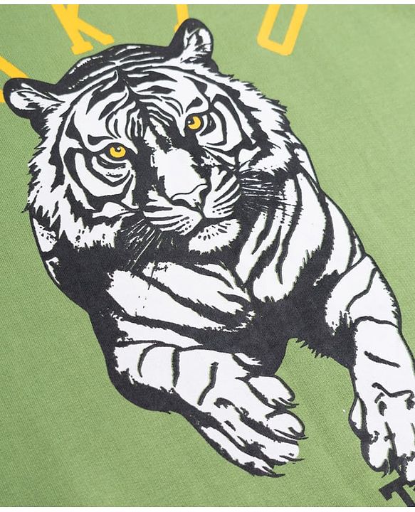 Pine Kids Cotton Knit Sweatshirt with Full Sleeves and Tiger Print - Green