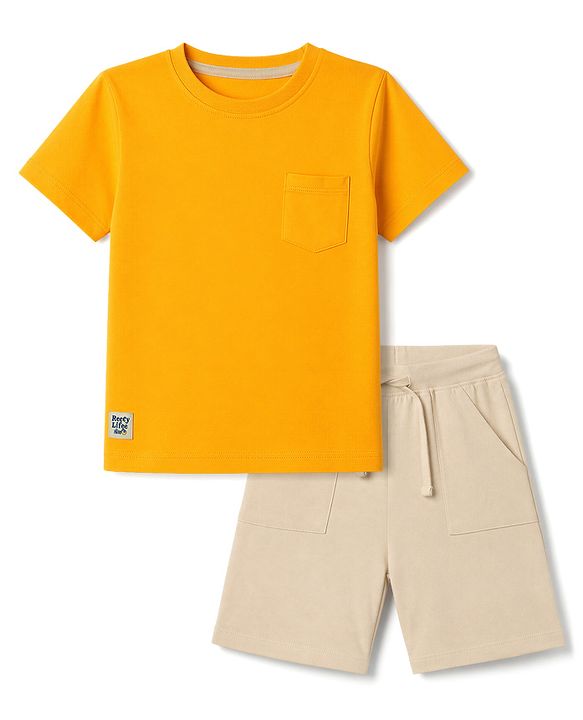 Babyhug 100% Cotton Knit Half Sleeves Solid T-Shirt & Shorts Set With Patch - Orange
