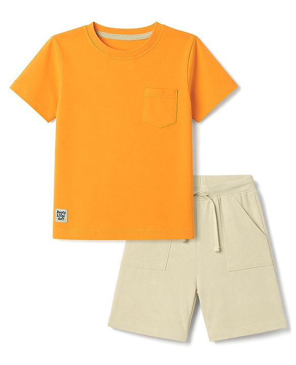 Babyhug 100% Cotton Knit Half Sleeves Solid T-Shirt & Shorts Set With Patch - Orange