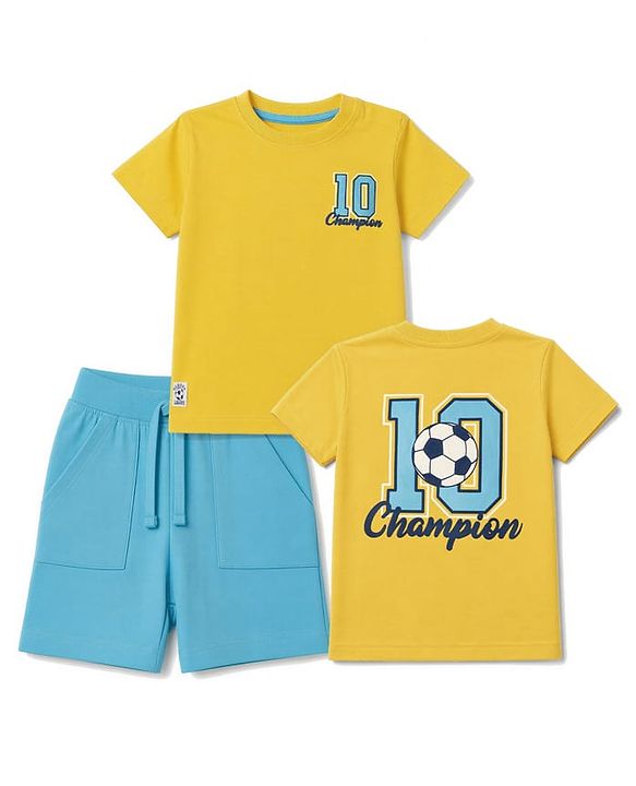 Babyhug 100% Cotton Single Jersey Knit Half Sleeves T-Shirt & Shorts With Champion Print - Yellow