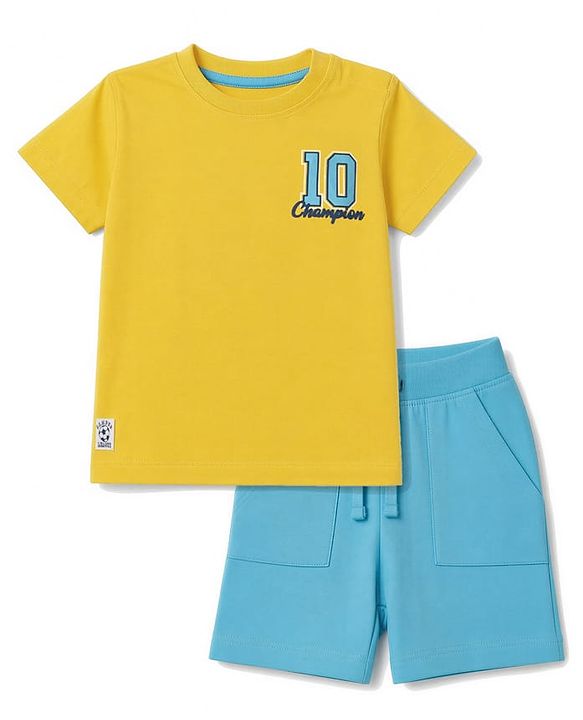 Babyhug 100% Cotton Single Jersey Knit Half Sleeves T-Shirt & Shorts With Champion Print - Yellow