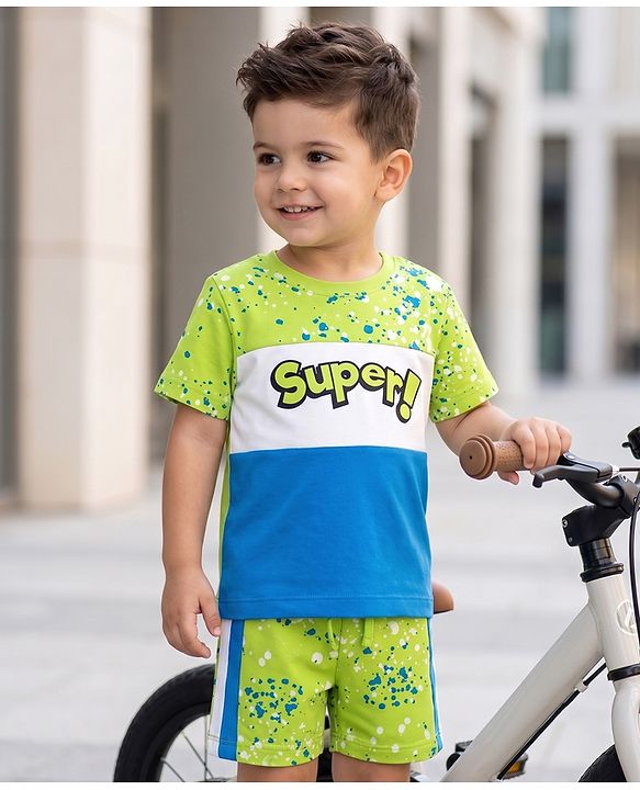 Babyhug 100% Cotton Knit Half Sleeves Text Printed T-Shirt & Shorts Set - Lime Green & Light Blue