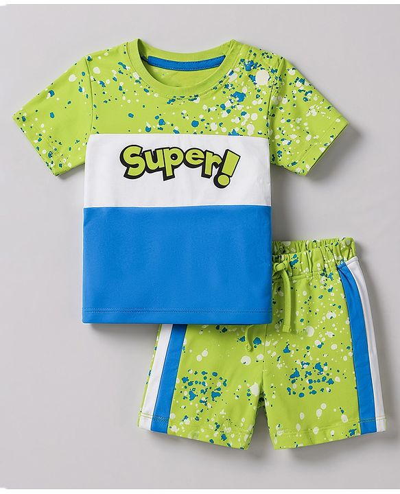 Babyhug 100% Cotton Knit Half Sleeves Text Printed T-Shirt & Shorts Set - Lime Green & Light Blue