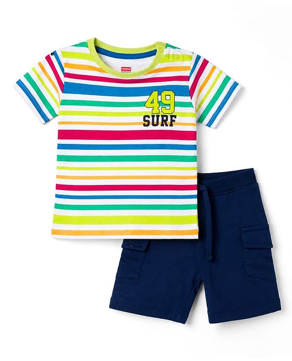 Babyhug 100% Cotton Single Jersey Knit Half Sleeves Striped T-Shirt & Shorts Set - Green Blue