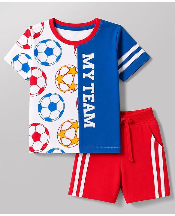 Babyhug Single Jersey Knit Half Sleeves T-Shirt & Shorts Set Football Print - Red & Navy Blue