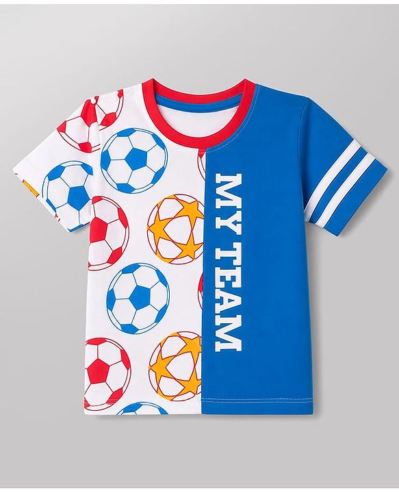 Babyhug Single Jersey Knit Half Sleeves T-Shirt & Shorts Set Football Print - Red & Navy Blue