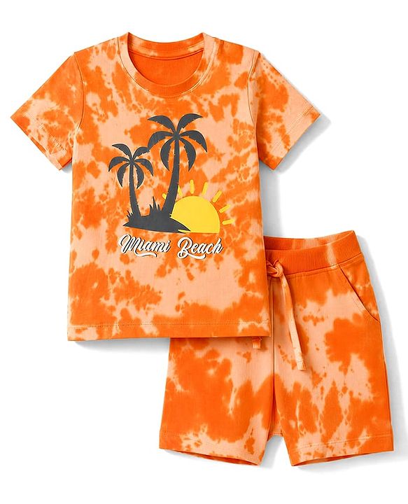 Babyhug Single Jersey Knit Half Sleeves Tie & Dye Effect T-Shirt & Shorts Co Ord Set with Miami Beach Print - Orange