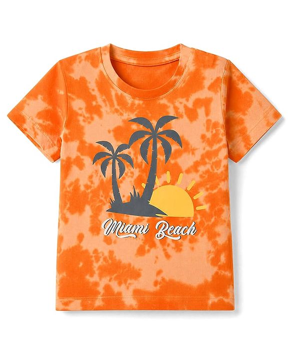 Babyhug Single Jersey Knit Half Sleeves Tie & Dye Effect T-Shirt & Shorts Co Ord Set with Miami Beach Print - Orange