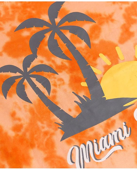 Babyhug Single Jersey Knit Half Sleeves Tie & Dye Effect T-Shirt & Shorts Co Ord Set with Miami Beach Print - Orange