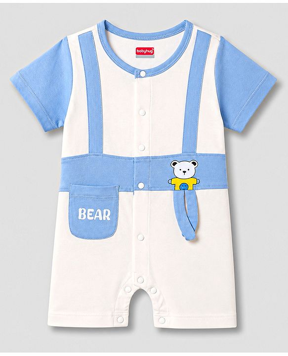 Babyhug 100% Cotton Single Jersey Knit Half Sleeves Romper With Bear Print & Applique - Multicolor