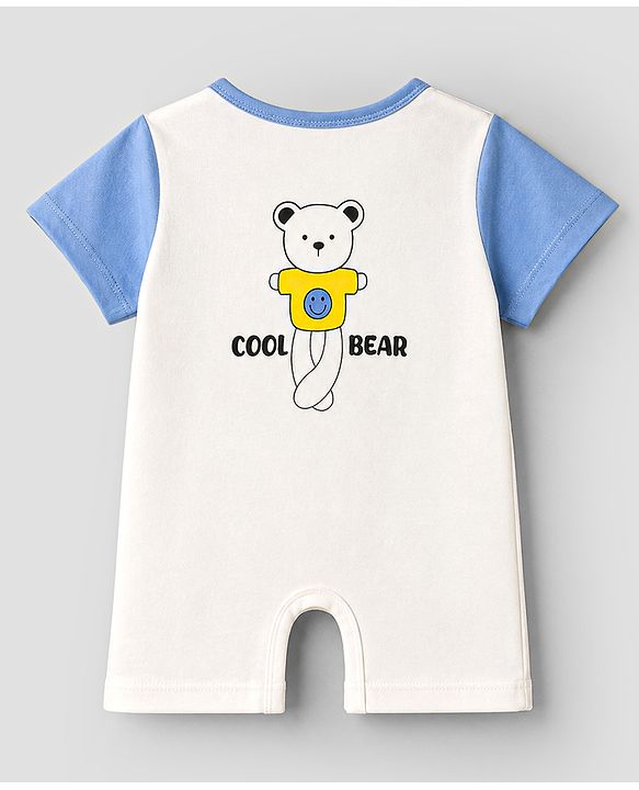 Babyhug 100% Cotton Single Jersey Knit Half Sleeves Romper With Bear Print & Applique - Multicolor