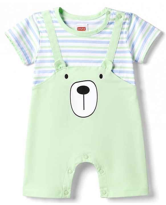 Babyhug 100% Cotton Single Jersey Knit Half Sleeves Striped Romper With Bear Print - Light Green