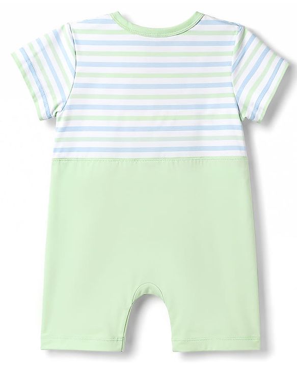 Babyhug 100% Cotton Single Jersey Knit Half Sleeves Striped Romper With Bear Print - Light Green