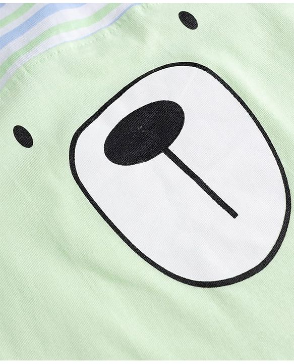Babyhug 100% Cotton Single Jersey Knit Half Sleeves Striped Romper With Bear Print - Light Green