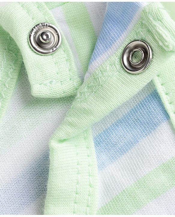 Babyhug 100% Cotton Single Jersey Knit Half Sleeves Striped Romper With Bear Print - Light Green