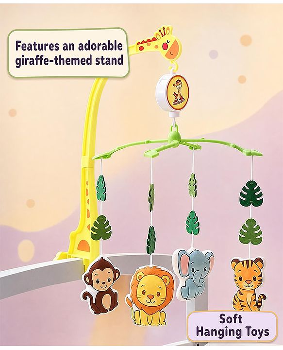 Babyhug Musical Cot Mobile with Giraffe Stand & Soft Hanging Toys Multicolor| Soothing Music | Rotating Hanging Toys| Baby Cot & Cradle Accessory| Sensory Stimulation| No Batteries Needed