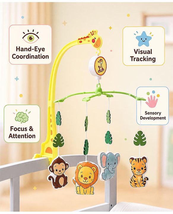 Babyhug Musical Cot Mobile with Giraffe Stand & Soft Hanging Toys Multicolor| Soothing Music | Rotating Hanging Toys| Baby Cot & Cradle Accessory| Sensory Stimulation| No Batteries Needed