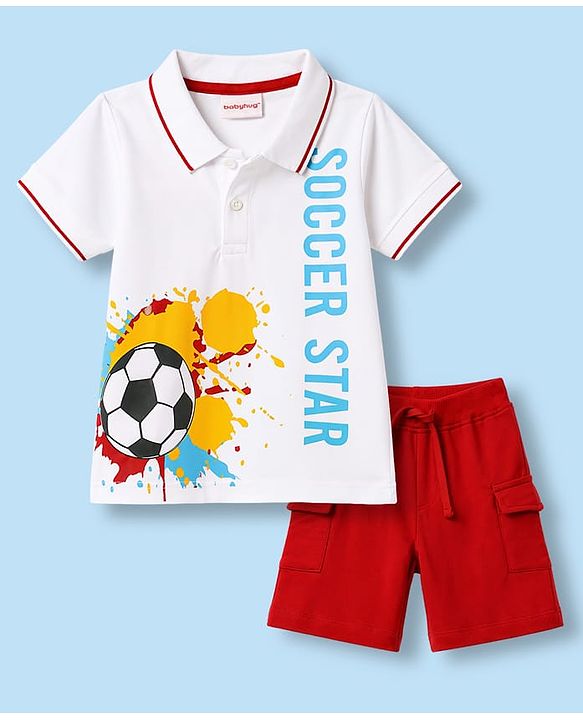 Babyhug 100% Cotton Single Jersey Knit Half Sleeves Polo T-Shirt & Shorts With Soccer Print - White & Red