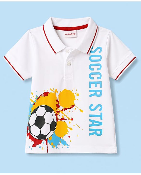 Babyhug 100% Cotton Single Jersey Knit Half Sleeves Polo T-Shirt & Shorts With Soccer Print - White & Red