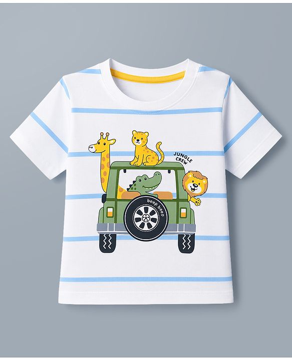 Babyhug 100% Cotton Knit Half Sleeves Animals Printed & Striped T-Shirt & Shorts Set - White & Yellow